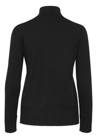 Maglione nero con colletto alto, polsini e orlo a coste. Presenta una texture liscia e un design aderente, adatto per essere indossato a strati.