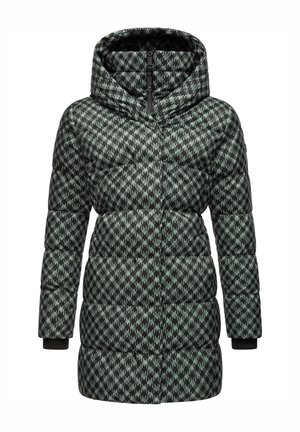 Long manteau d'hiver matelassé avec capuche, motif pied-de-poule noir et gris, fermeture éclair devant et poignets côtelés aux manches.
