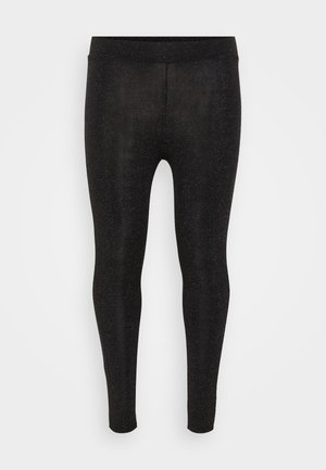 Schwarze Leggings aus einem glatten, elastischen Stoff mit dezenten metallischen Sprenkeln. Sie verfügen über einen hohen Bund und ein enganliegendes Design.