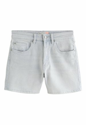 Jasnoniebieskie krótkie spodenki jeansowe z wysokim stanem, zapięciem na guziki z przodu, szlufkami na pasek, dwoma przednimi kieszeniami i małą kieszonką na monety po prawej stronie.