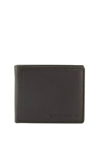 Leder-Bifold-Brieftasche in Dunkelbraun; glatte Textur, minimalistisches Design, ein sichtbarer Kartensteckplatz, geprägtes Logo auf der Vorderseite.