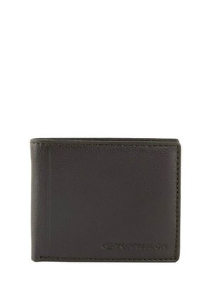 Leder-Bifold-Brieftasche in Dunkelbraun; glatte Textur, minimalistisches Design, ein sichtbarer Kartensteckplatz, geprägtes Logo auf der Vorderseite.