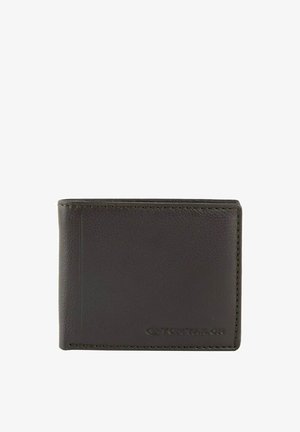 Leren bifold portemonnee in donkerbruin; gladde textuur, minimalistisch ontwerp, enkele zichtbare kaartsleuf, merklogo debossed op de voorkant.