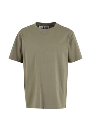 Olive rohelise puuvillane T-särk lühikeste varrukatega, ümar kaelusega ja lõdva istuvusega. Sisekraele on lisatud silt.