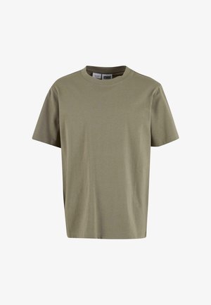 Oliwkowa bawełniana koszulka z krótkimi rękawami, okrągłym dekoltem i luźnym krojem. Posiada metkę wewnątrz kołnierza.