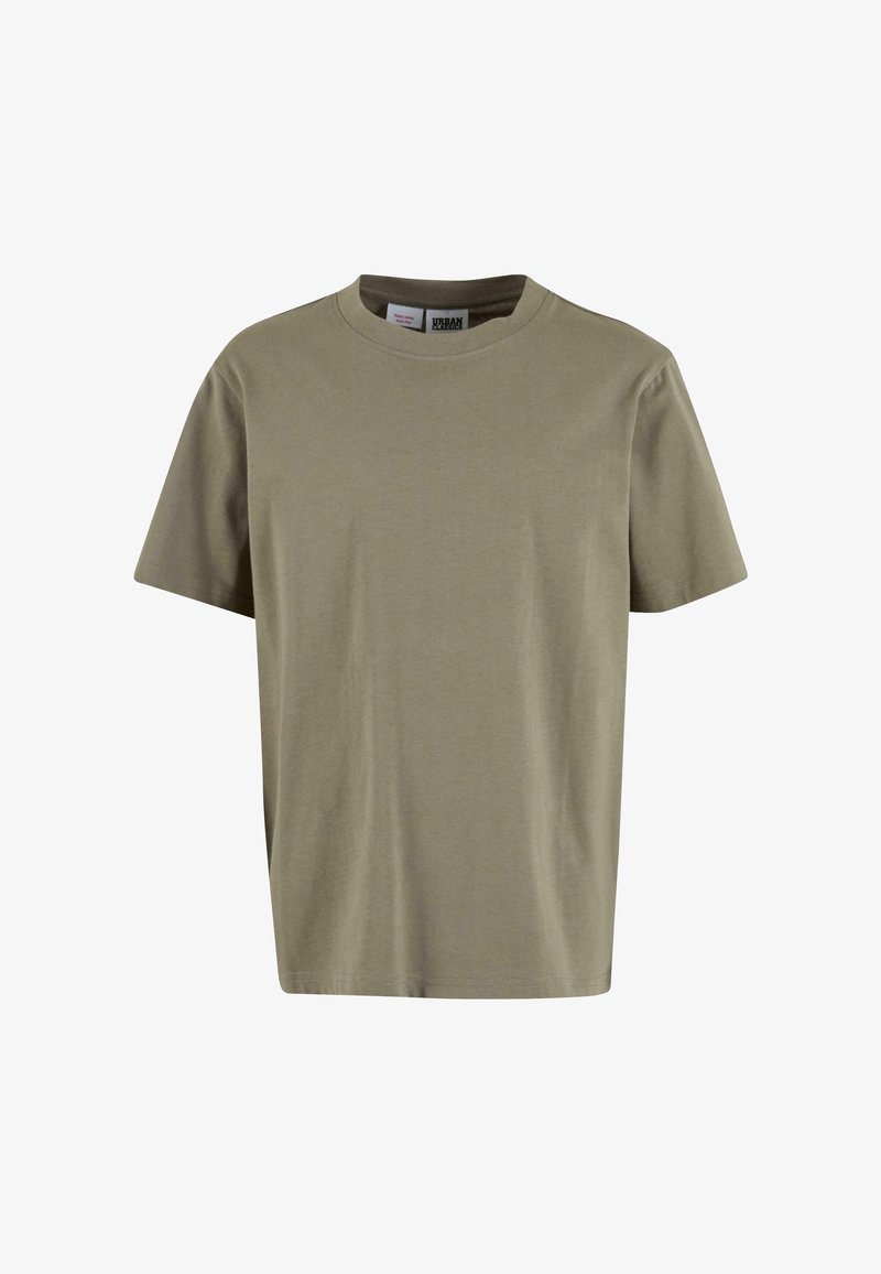 Camiseta de algodón verde oliva con mangas cortas, cuello redondo y ajuste holgado. Presenta una etiqueta en el interior del cuello.