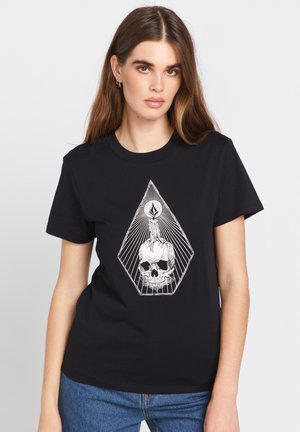 Black cotton t-shirt featuring a white graphic design of a skull inside a diamond shape, with lines radiating and an image of a flame above.