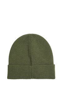 Berretto a coste color verde oliva con orlo piegato, caratterizzato da un design senza cuciture e una texture morbida adatta per il freddo.
