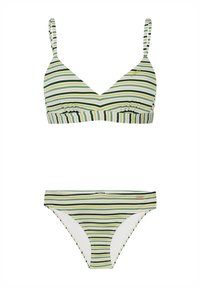 Set di bikini a righe in verde e bianco. Il top presenta una forma triangolare con spalline regolabili; il fondo ha uno stile brief con copertura media.
