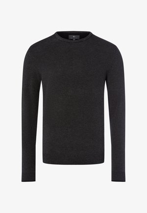 Dunkelgrauer, gestrickter Longsleeve-Pullover mit Rundhalsausschnitt, subtil strukturiertem Muster sowie gerippten Bündchen und Saum.