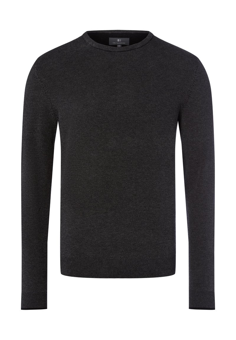 Donkergrijze gebreide lange mouwen crewneck trui met een subtiele textuurpatroon en geribde manchetten en zoom.