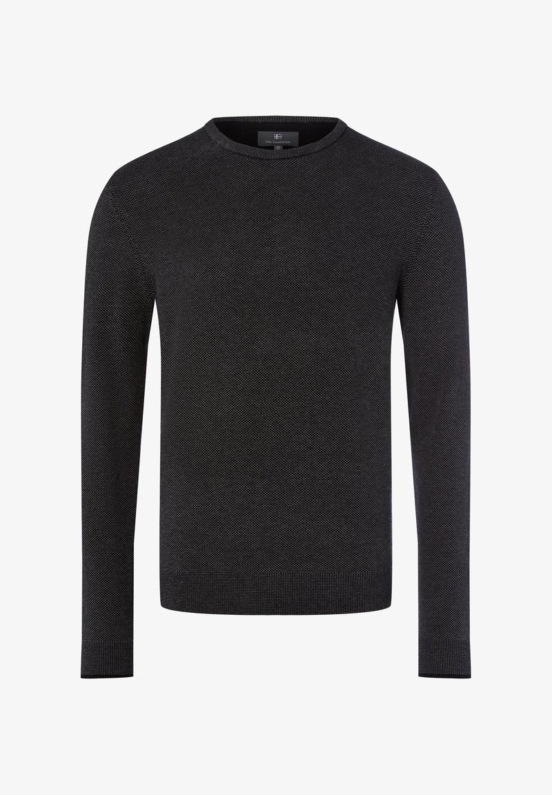 Donkergrijze gebreide lange mouwen crewneck trui met een subtiele textuurpatroon en geribde manchetten en zoom.