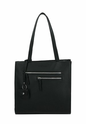 Schwarze Kunstleder-Tote mit zwei vorderen Reißverschlusstaschen, strukturierten Oberflächen und abnehmbarem Mini-Beutel mit Druckknopfverschluss.