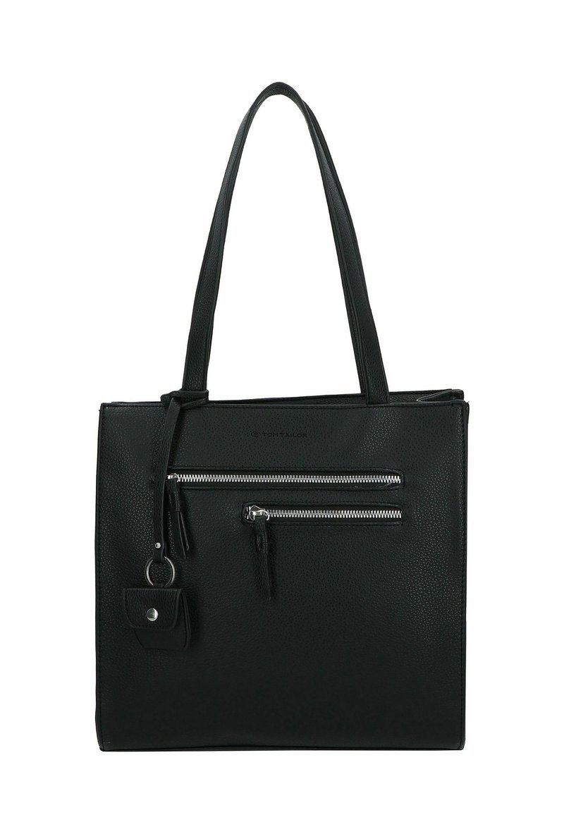 Borsa tote in pelle sintetica nera con due tasche frontali con zip, superficie testurizzata e pochette mini staccabile con chiusura a pressione.