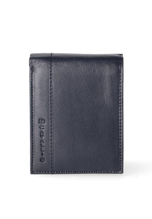 Navy leather wallet featuring a bi-fold design, smooth texture, and embossed brand logo on the side with neat stitching.