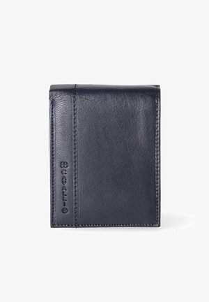 Portefeuille en cuir marine avec un design à deux volets, texture lisse et logo de marque en relief sur le côté avec des coutures soignées.