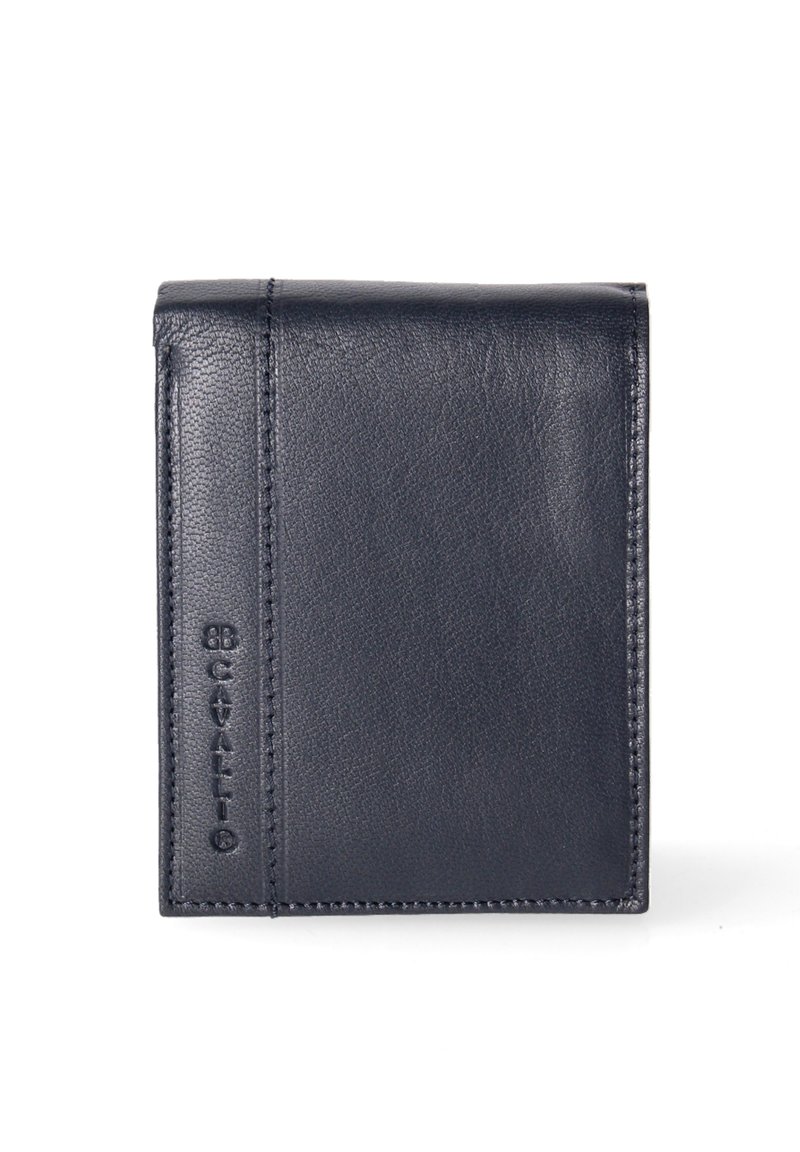 Portafoglio in pelle blu navy con design a portafoglio ripiegato, texture liscia e logo del marchio impresso di lato con cuciture ordinate.
