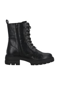 Bottines en cuir noir avec un bout arrondi, un laçage à l'avant, une fermeture éclair sur le côté et une semelle épaisse. Fini texturé et accents en métal.