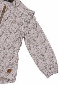 Pink gemusterte Jacke mit floralem Design, gerafftem Schulterdetail, Reißverschluss, elastischen Bündchen und einem kleinen Leder-Logopatch.