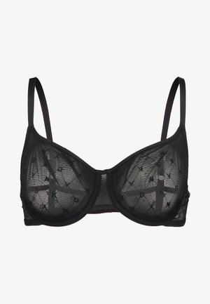 Črn nedrček z žico, izdelan iz prosojnega mrežastega materiala s subtilnim vzorcem črk. Ima nastavljive naramnice in gladek pas na hrbtni strani.