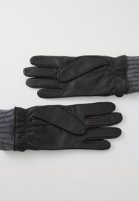 Black leather gloves with gray knit cuffs laid flat on a white surface, showing palm and back sides.