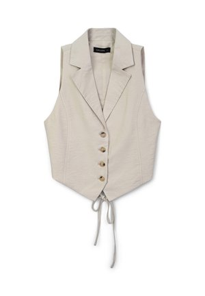 Beige ärmellose Weste mit scharfen Revers, fünf Knopfverschluss und Taillenbindeband. Hergestellt aus strukturiertem Stoff, mit einer taillierten Silhouette.