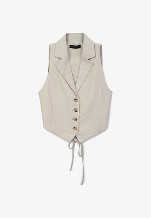 Beige ärmellose Weste mit scharfen Revers, fünf Knopfverschluss und Taillenbindeband. Hergestellt aus strukturiertem Stoff, mit einer taillierten Silhouette.