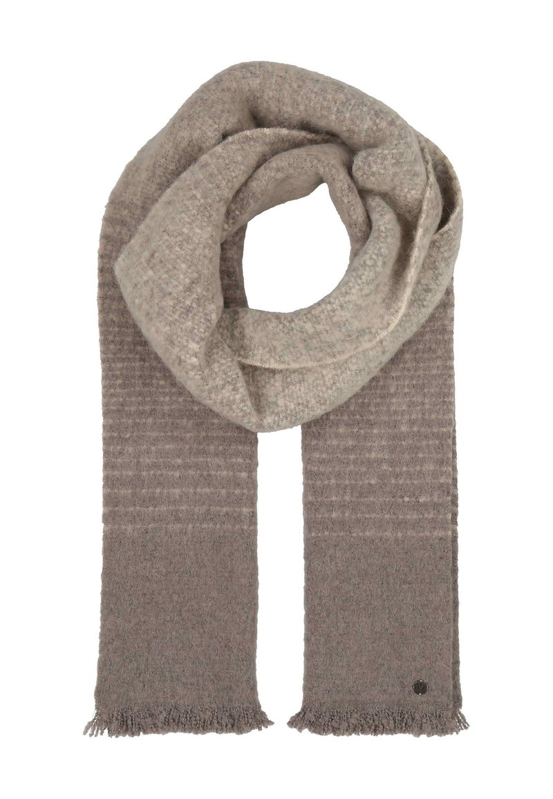 Siva pletena šala z teksturo, ki ima svetlejši ton na vrhu, resastimi konci in majhnim logotipom.