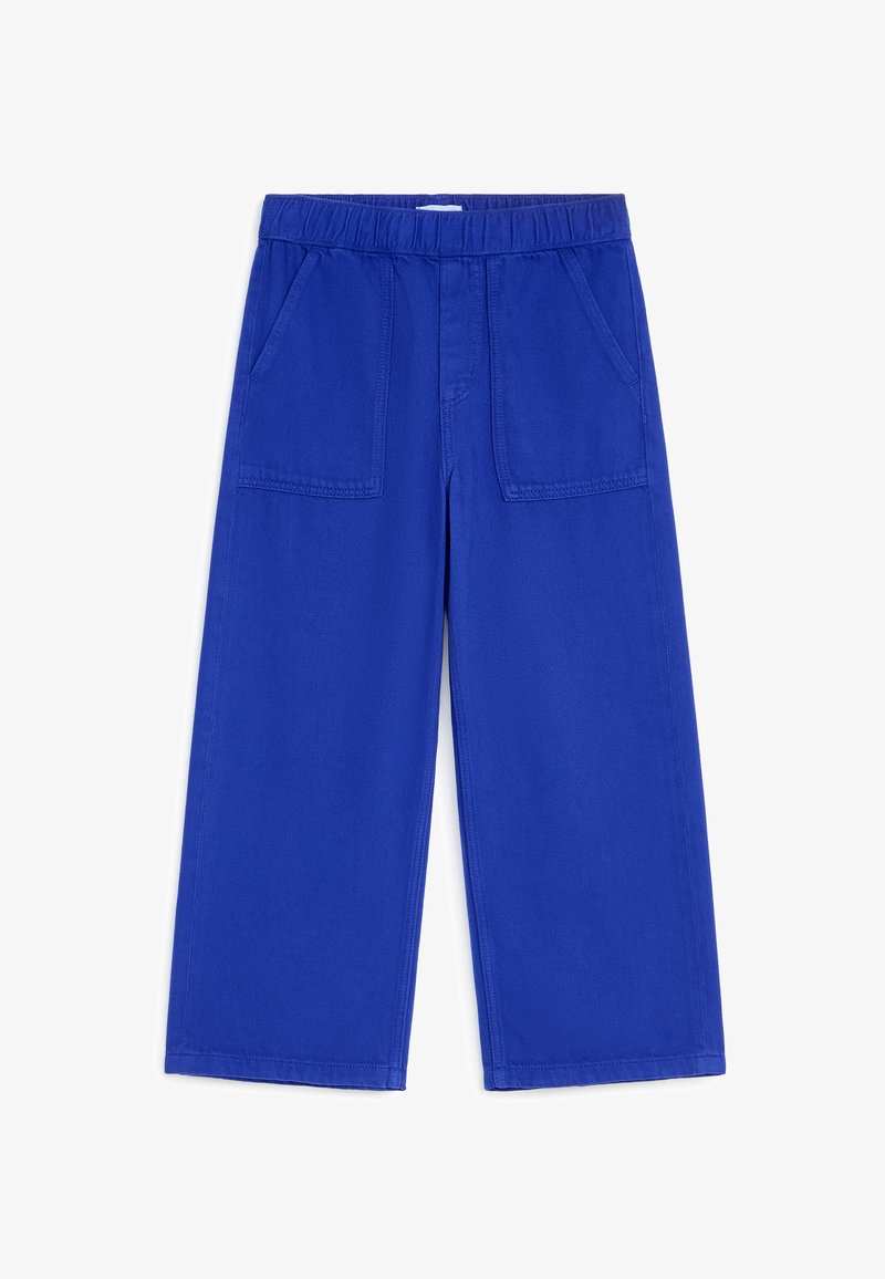 Pantalon bleu à jambes larges avec taille élastique et grandes poches plaquées devant, présenté sur fond blanc.