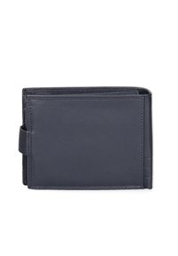 Portafoglio in pelle navy con un design elegante, caratterizzato da una superficie liscia, cuciture minimaliste e una tasca laterale per carte o contante.