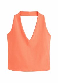 Koraalkleurige haltertop met een diepe V-hals, gemaakt van zachte stof. Heeft een eenvoudige snit en een blootgestelde rug voor een minimalistische uitstraling.