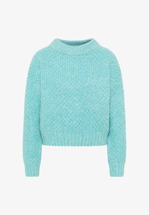 Hellblauer, gestrickter Pullover mit einer strukturierten, gemusterten Oberfläche, tailliertem Schnitt und gerippten Bündchen und Saum. Klassischer Rundhalsausschnitt.