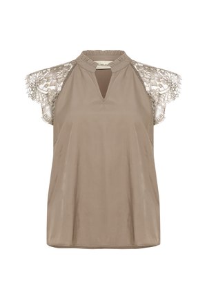 Beige Bluse mit Spitzenakzenten an den Schulterklappen, strukturierter Oberfläche, gerafftem Ausschnitt und einem Schlüssel-Ausschnitt vorne.