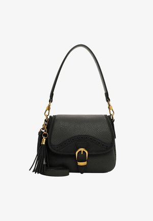 Sort læderhåndtaske med en tekstureret overflade, buet klap, guldspænde detalje, frynse og justerbar skulderrem.
