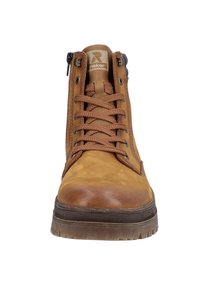 Braune Leder-Ankle-Boots mit texturiertem Finish, klassischen Schnürsenkeln, seitlichem Reißverschluss und einer robusten Gummisohle.