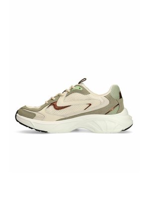 Beige and green athletic sneaker with mesh panels, off-white sole, lace-up design, and brown accent logo on the side.