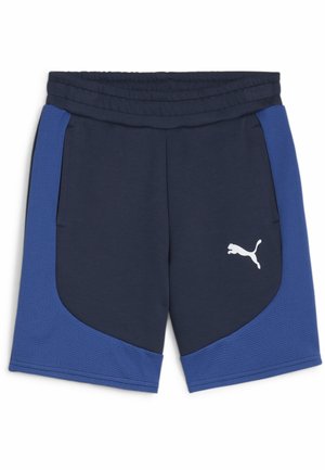Granatowe szorty sportowe z teksturowanym niebieskim panelem bocznym, elastycznym pasem i białym logo Puma z przodu. W zestawie znajdują się dwie boczne kieszenie.