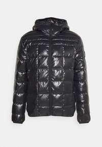Veste matelassée brillante noire avec capuche et fermeture éclair devant, présentant un motif matelassé carré et des manches longues.