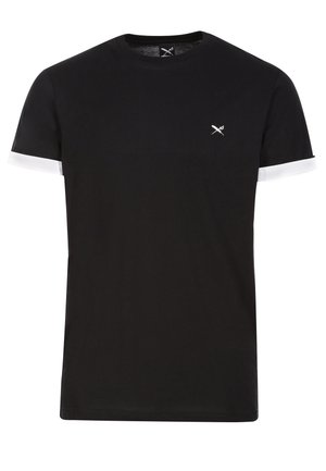 Schwarzes Baumwoll-T-Shirt mit kurzen, weiß gesäumten Ärmeln und kleinem Logo auf der linken Brust. Klassisches Rundhals-Design, glatte Textur.