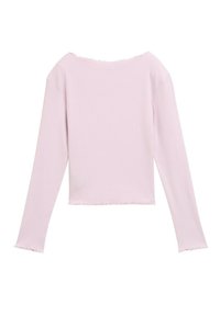 Långärmad topp i mjuk ribbad tyg, ljusrosa färg, kort modell, med rå kant och något avskuren halsringning.