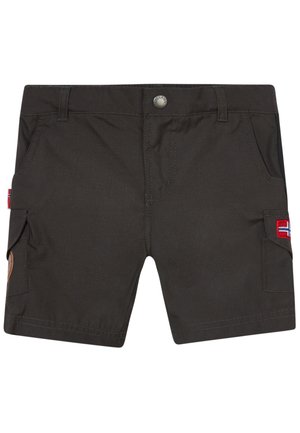 Dark brown shorts made of durable fabric, featuring two front pockets and side cargo pockets with a colored flag patch accent.