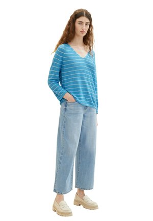 Langärmliges, blau gestreiftes Oberteil mit V-Ausschnitt, kombiniert mit hellblauem, weit geschnittenem Denim und beigen Plateauslippern.