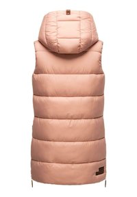 Wattierte Weste in sanftem Rosa, mit abnehmbarem Kapuzendesign, horizontaler Steppung, seitlichen Reißverschlüssen und einem Markenakzent am Saum.