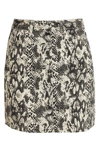 Jupe en jean à imprimé serpentin noir et blanc avec cinq boutons à l'avant, deux poches, une coupe légèrement évasée et une finition texturée.