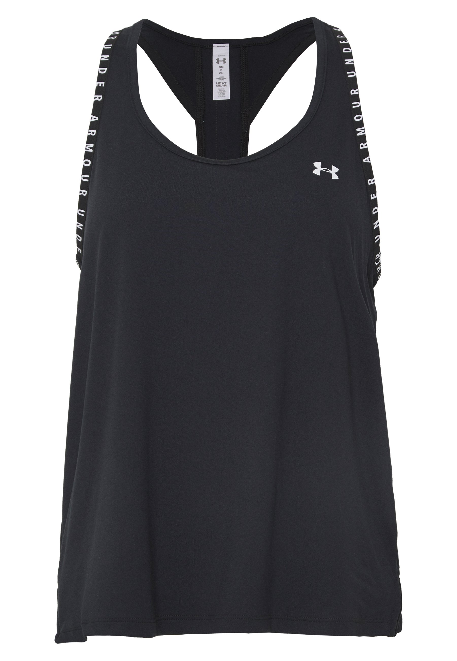 Top atlético negro sin mangas con un diseño de espalda nadadora. Presenta el texto en blanco "Under Armour" a lo largo de los hombros. Fabricado con una tela suave y transpirable.