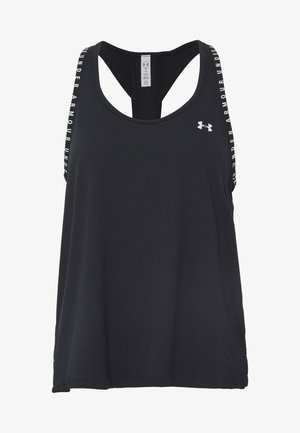 Black athletic tank top with a racerback design. Features white "Under Armour" text along the shoulders. Made from a smooth, breathable fabric.