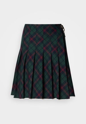 Πράσινη πλισέ φούστα σε ταρτάν με κόκκινους και μπλε καρό σχεδιασμούς, πλευρικό φερμουάρ και υφή με λεπτομέρεια δαντέλας στο τελείωμα.