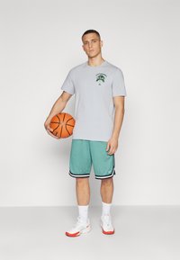 Hallhalli hall shirt roheline logo, kokku sobitatud türkiissiniste lühikeste pükstega, millel on mustad triibud. Valged tossud oranžide detailidega. Hoiab korvpalli.