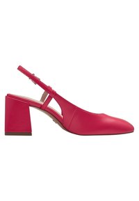 Chaussure slingback en cuir rose avec un bout pointu, un talon bloc rectangulaire et un design latéral ajouré. Dotée d'une bride de cheville réglable.