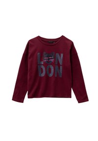 Bordeaux lange mouwen sweatshirt met glinsterende "LON DON" tekst en een kattenafbeelding met de frase "Stay weird" in het roze. Zacht fabric.